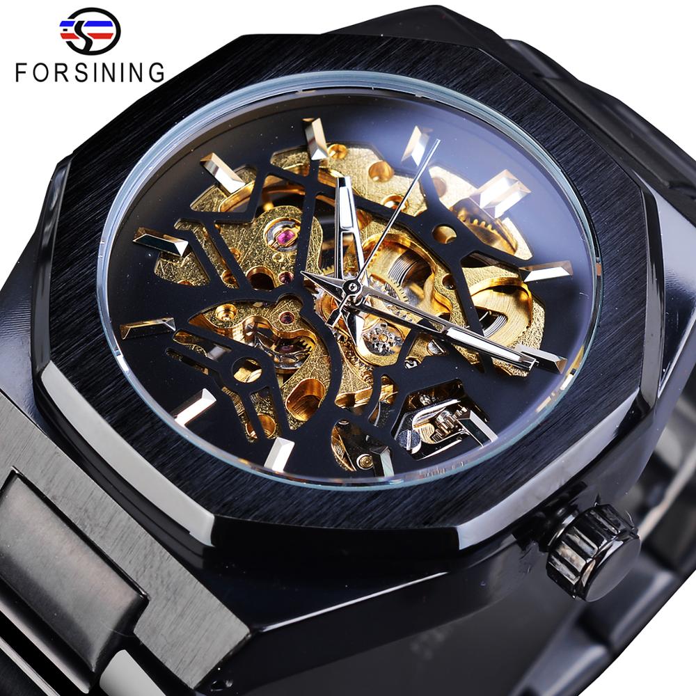 Forsining Zwarte Mode Skeleton Heren Horloges Automatische Mechanische Casual Sport Man Horloge Waterdicht Lichtgevende Handen Klokken