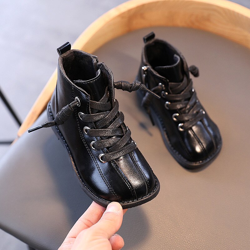 Winter freundlicher Spitze hoch Knöchel Stiefel Mädchen Schuhe NäHenne Stiefel Schwarz Neue Schuhe Plüsch lässig Schuh freundlicher Baby