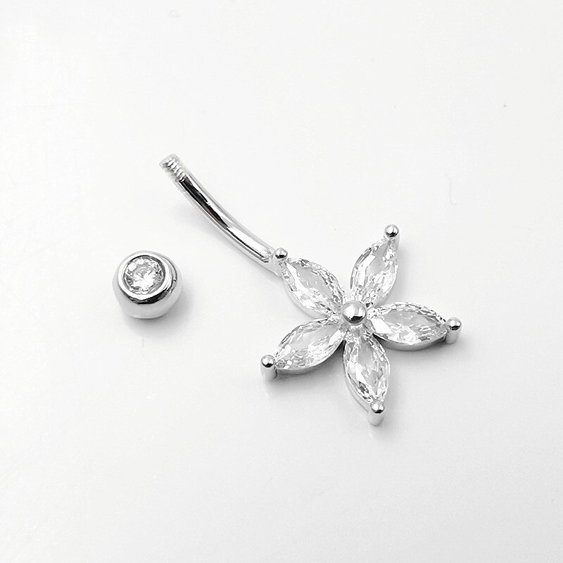 Hellolook 925 prata esterlina barriga piercing botão barra anel branco rosa roxo flor cúbico zircão umbigo piercing jóias