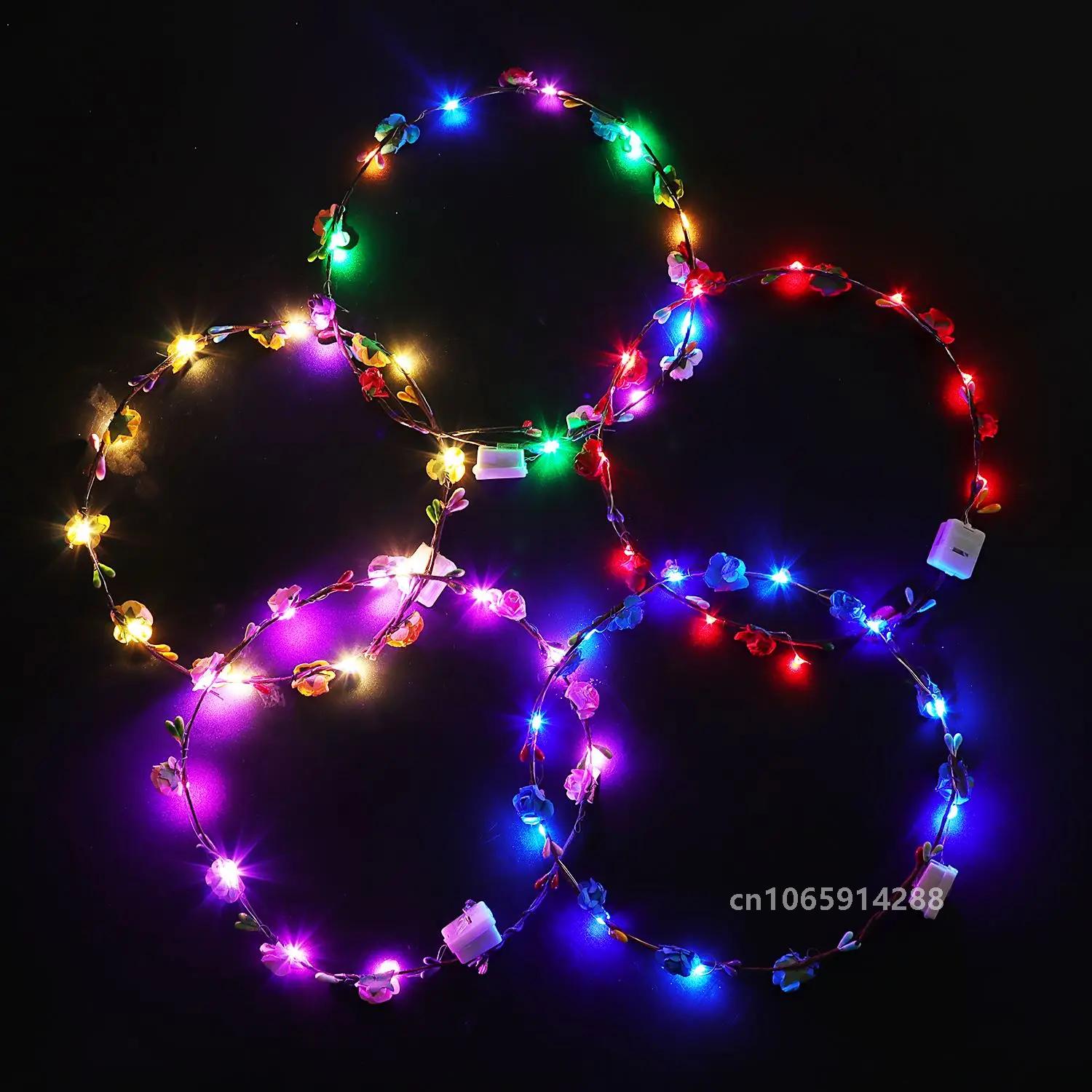 12Pcs LED Flower Crown Adjustable Flower Glow Color Nights Wreath Headband Garlands Birthday Party Wedding Baby Shower Decor