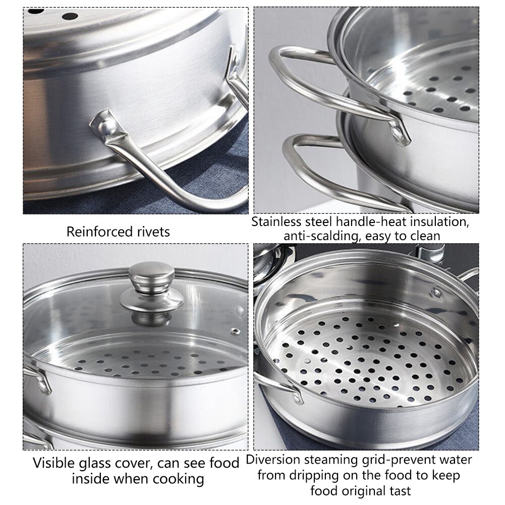 Olla de vapor de acero inoxidable 2 en 1 con tapa Visible, olla de sopa de doble capa, hervir al vapor, utensilios de cocina de doble uso