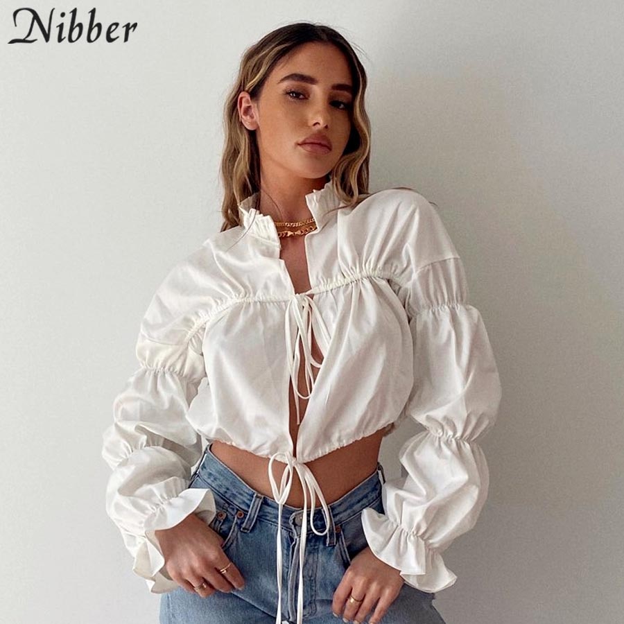 Nibber Sxey lace up Hollow puff sleeve tshirt for women fall Clothing O neck Ruffles long sleeve corp top mujer