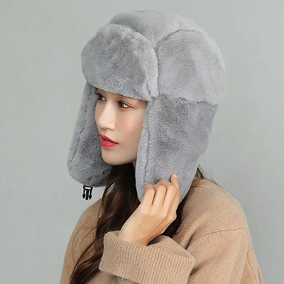 Vinter bomber hattar kvinnor ushanka keps med öronlaff tjockt varmt ryskt vindtätt sammet hatt öronskydd vuxen solid 58 cm: Grå