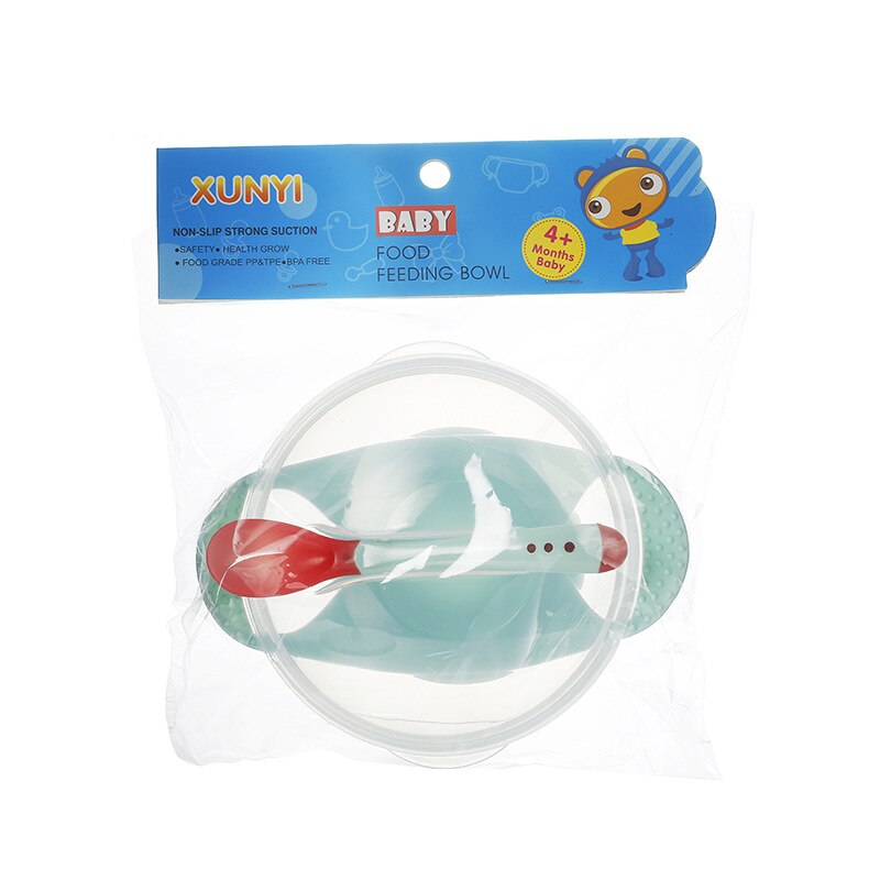 Baby bowl set training bowl induction temperature spoon set with lid learning bowl with suction cup children training tableware: green