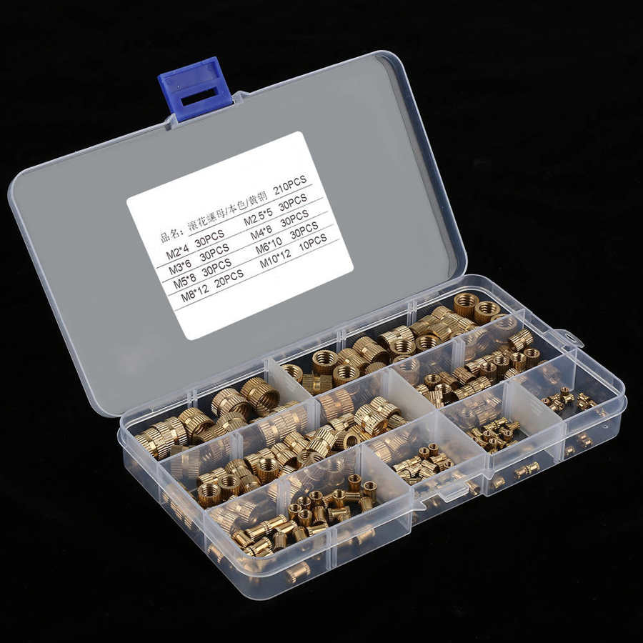 210pcs 8sizes M2-M10 Brass Cylinder Knurled Threaded Round Insert Embedded Nuts
