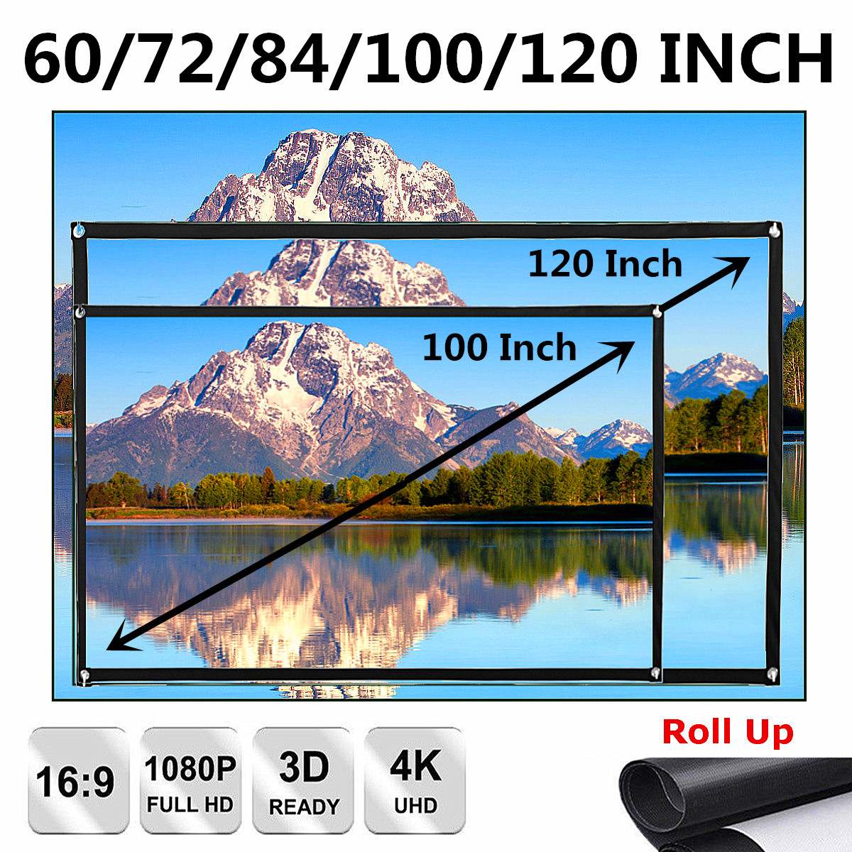 60/72/84/100/120 Inches Black-sided Foldable HD Movie Projector Screen For Projector 16:9 Background Cloth White
