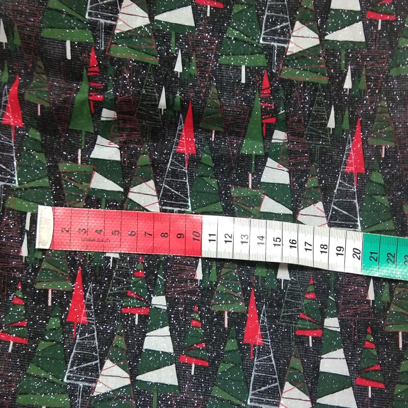 Glitter zilver stempel groen wit rood kerstboom bedrukt katoenen stof 50 x 105 ccm kerststof patchwork diy naaien baby