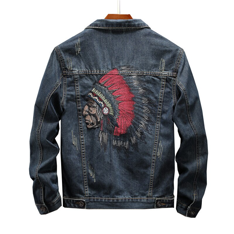 Prowow Streetwear Men Jacket Retro Blue Indian Chief Embroidery Denim Jackets Men Size M-6XL Hip Hop Punk Coats