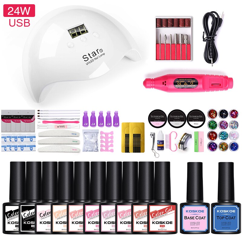 Koskoe neglesæt gel lak sæt kit 8/10/12/14/16 uv led farve gel negle lak kit med negle lampe negle kunst dekorations værktøj: 24w 10 farver sæt 2