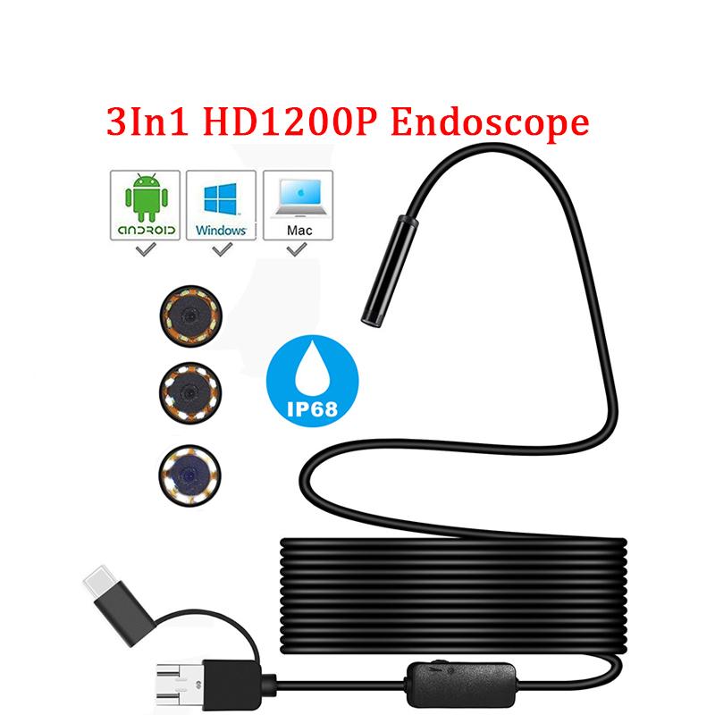 Mini cámara endoscópica HD 1200P IP68 2M tubo Flexible duro Mirco USB tipo-c boroscopio inspección de Video para Android endoscopio de coche
