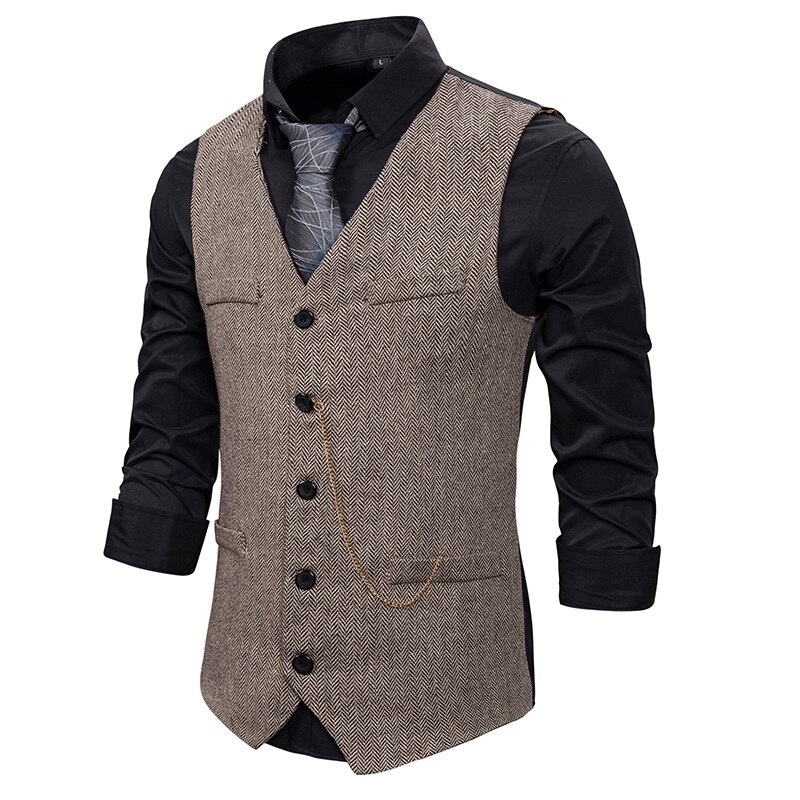 Formale Herren Anzug Weste Neue lässig Kette Einfarbig Geschäft Tweed Weste Gilet Homme Kostüm Weste Für Hochzeit Trauzeugen: Kaffee / L
