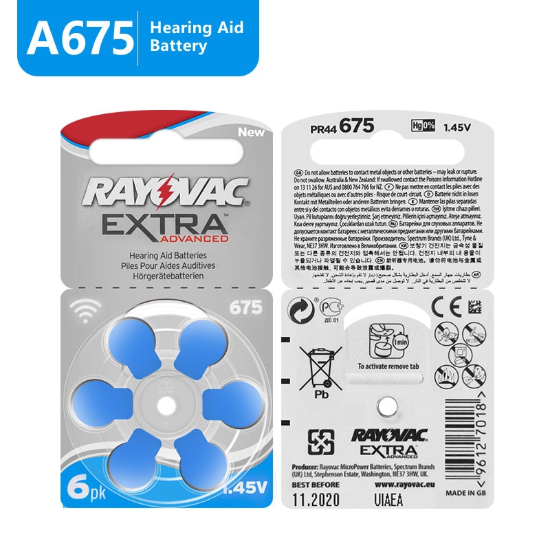 60 PCS Rayovac Extra Gehoorapparaat Batterijen Zink Air 675A 675 A675 PR44 Voor gehoorapparaat