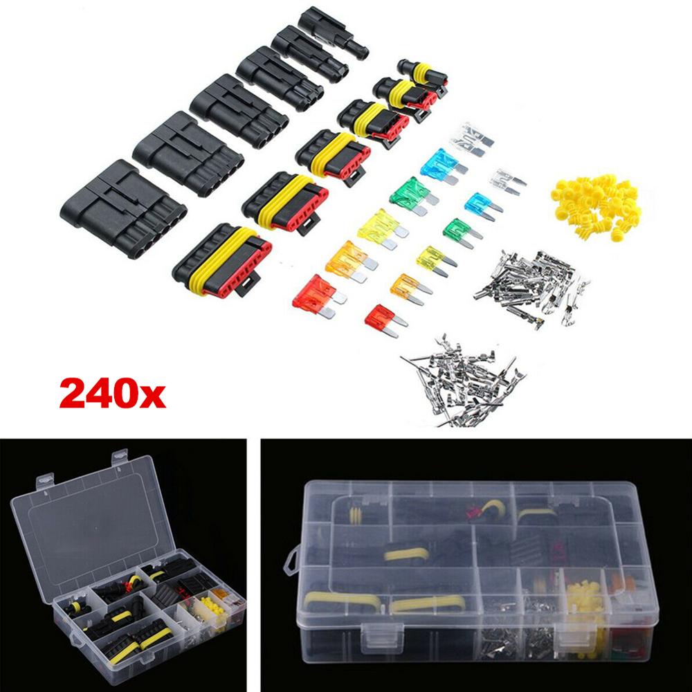 240Pcs 1-6 Pin Car Electrical Wire Connector Plug Terminal+Mini Blade Fuses Kit