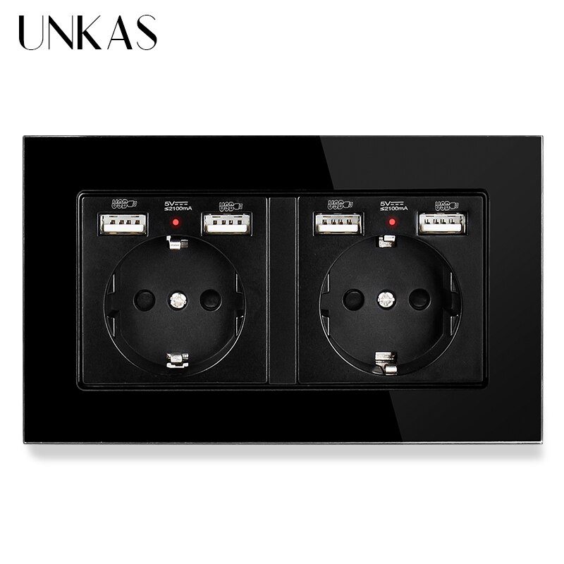 UNKAS Russia Spain EU Standard 16A Wall Socket Dual USB Charge Port Tempered Crystal Glass Panel Black White Grey Outlet: 146 EU 4USB Black