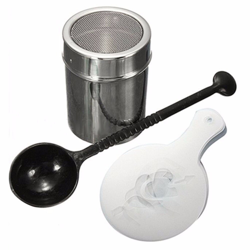 Stainless Steel Chocolate Shaker Duster + 16pcs Cappuccino Coffee Stencils + Measure Spoon Coffee Tea Tools