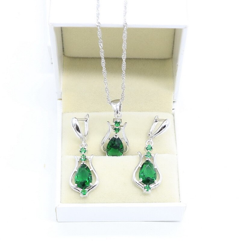 925 Sterling Silver Jewelry Green Emerald Necklace dangle Earrings For Women Costume Jewelry Sets Free