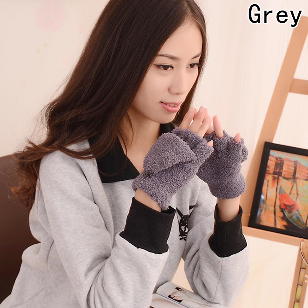 Coral Fleece Knit Half Finger Flip Cuff Mitten Boy / Girl Winter Plus Velvet Thick Warm Writing Glove: GY