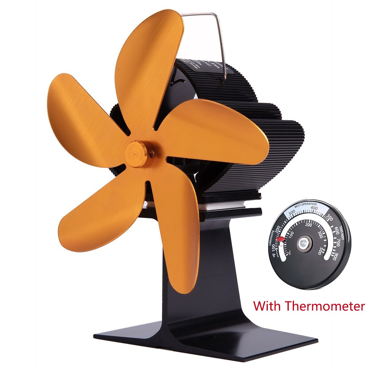 5 Blades Thermal Power Fireplace Fan Efficient Heat Powered Distribution Stove Fans Wood Log Burner Eco Quiet With Thermometer: Gold