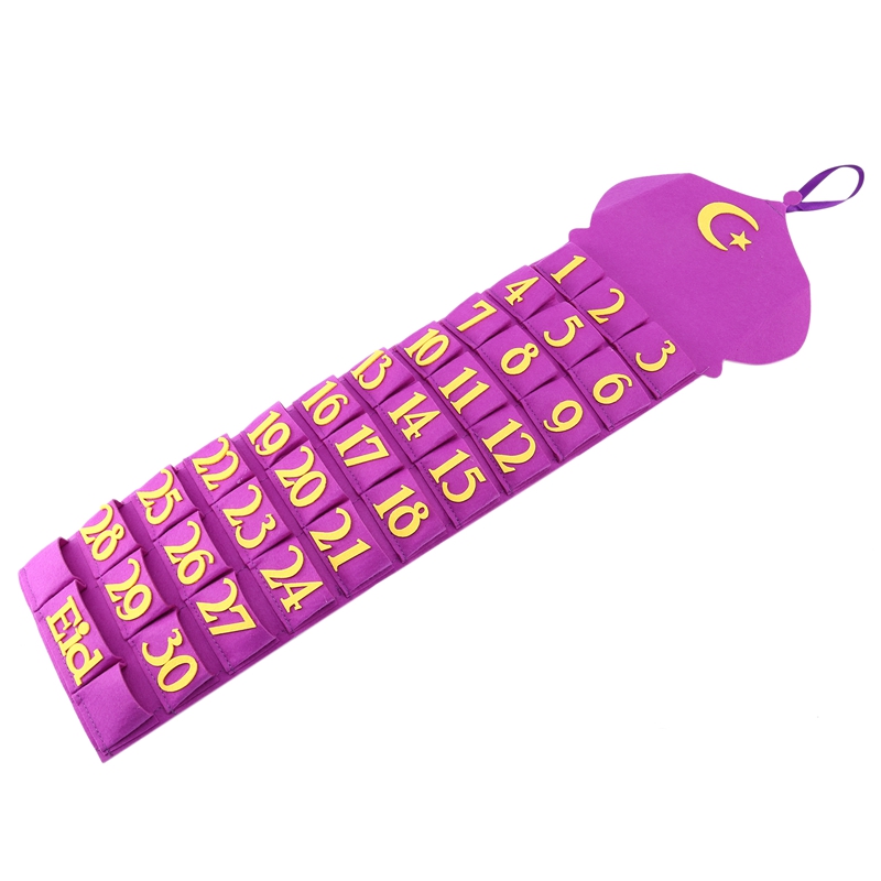Ramadan Mubarak Ramadan Hanging Calendar Felt Eid Mubarak Wall Countdown Calendar with 30 Numbered Pockets: Purple