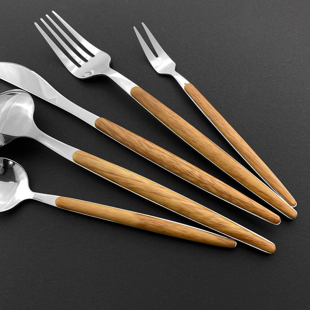 Western Silver 1/5Pcs Dinnerware Set Wood Handle Stainless Steel Dinner Home Knife Fork Spoon Fish Fork Flatware Cutlery Sets