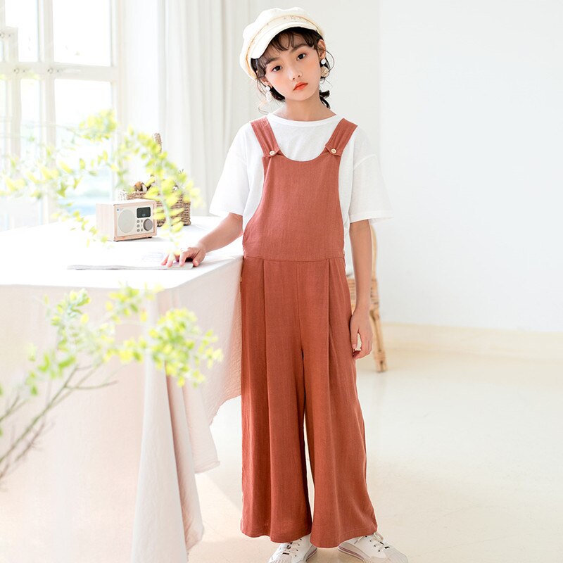 6 Tot 16 Jaar Kids & Tiener Meisjes Zomer Solid Cotton Casual Overall Jumpsuits Kinderen Meisje Mode Wijde Pijpen Overall broek