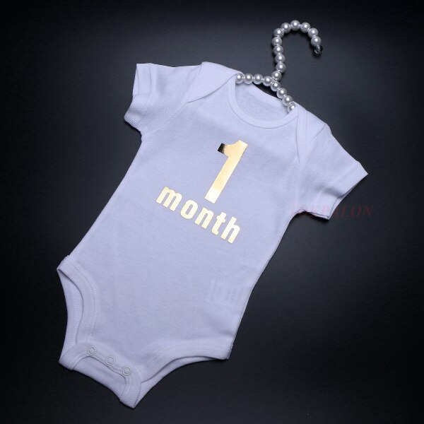 Newborn 0-1 Month Baby Girl Boy Bodysuit White Cotton O-neck Baby Infant Clothes Letter Short Sleeve Pajama Outfit Tiny Summer: Gold 1 month