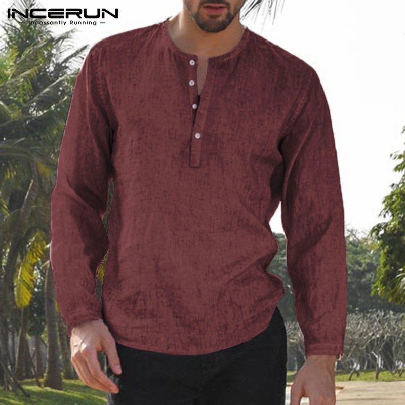 5XL hommes lin coton chemises à manches longues bouton col rond solide en vrac automne robe chemises classique mâle vêtements: Rouge / XXL