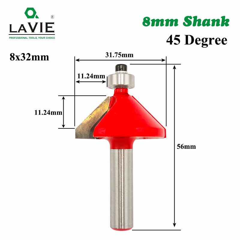 LA VIE 1pc 8mm Shank 45 Degree Chamfer Edge Forming Router Bit Bevel Flush Trim Bit Woodworking Milling Cutter Bits MC02021: 8x32mm