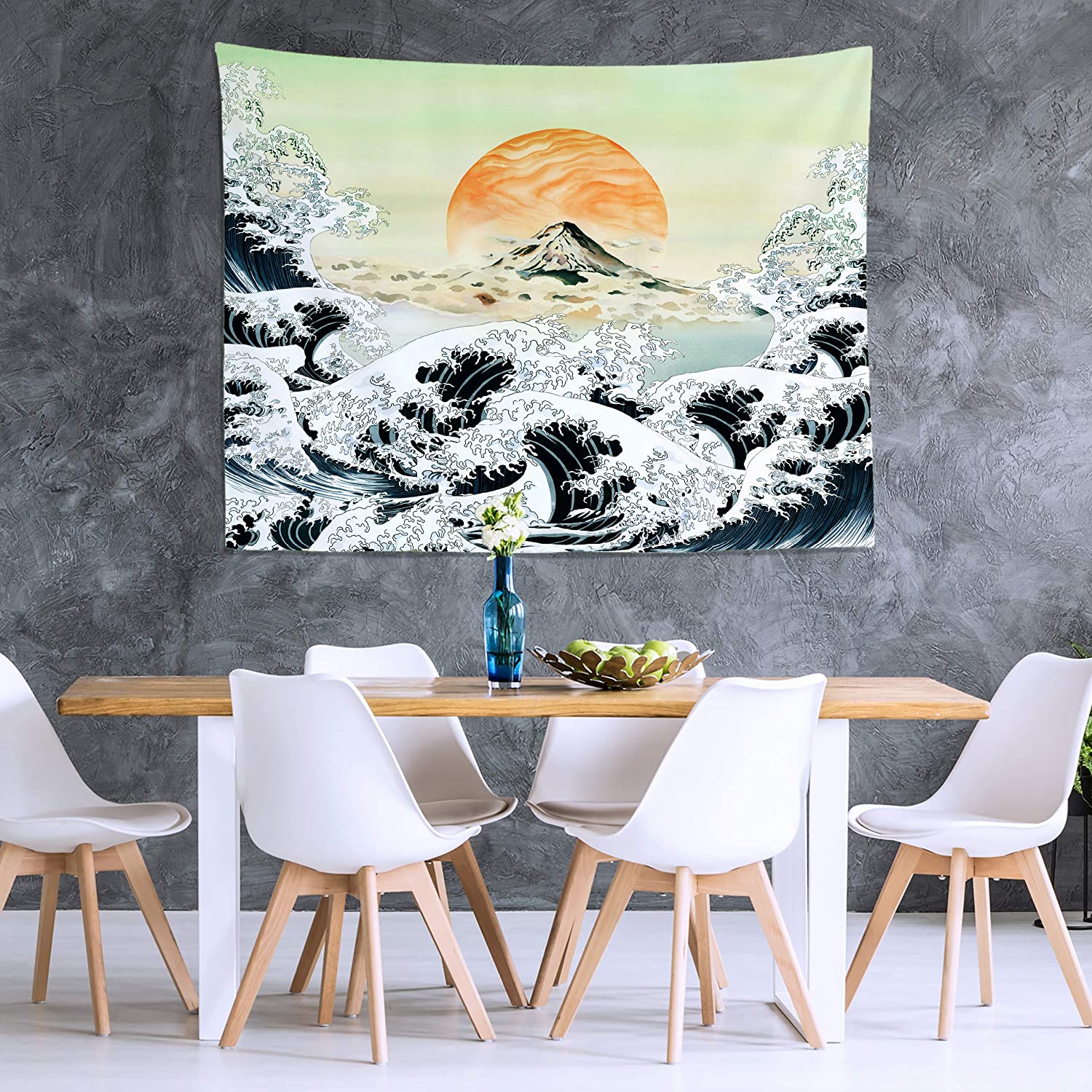 Tapices japoneses para colgar en la pared Original, dibujo a mano, dibujo artístico, ola de mar, atardecer