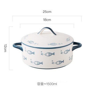 10 Inch Dessert Keramische Kookpan Met Deksel Nordic Stijl Creatieve Noedelkom Soepkom Ramen Kom Huishoudelijke Rijstkom servies: 1500ml-fish