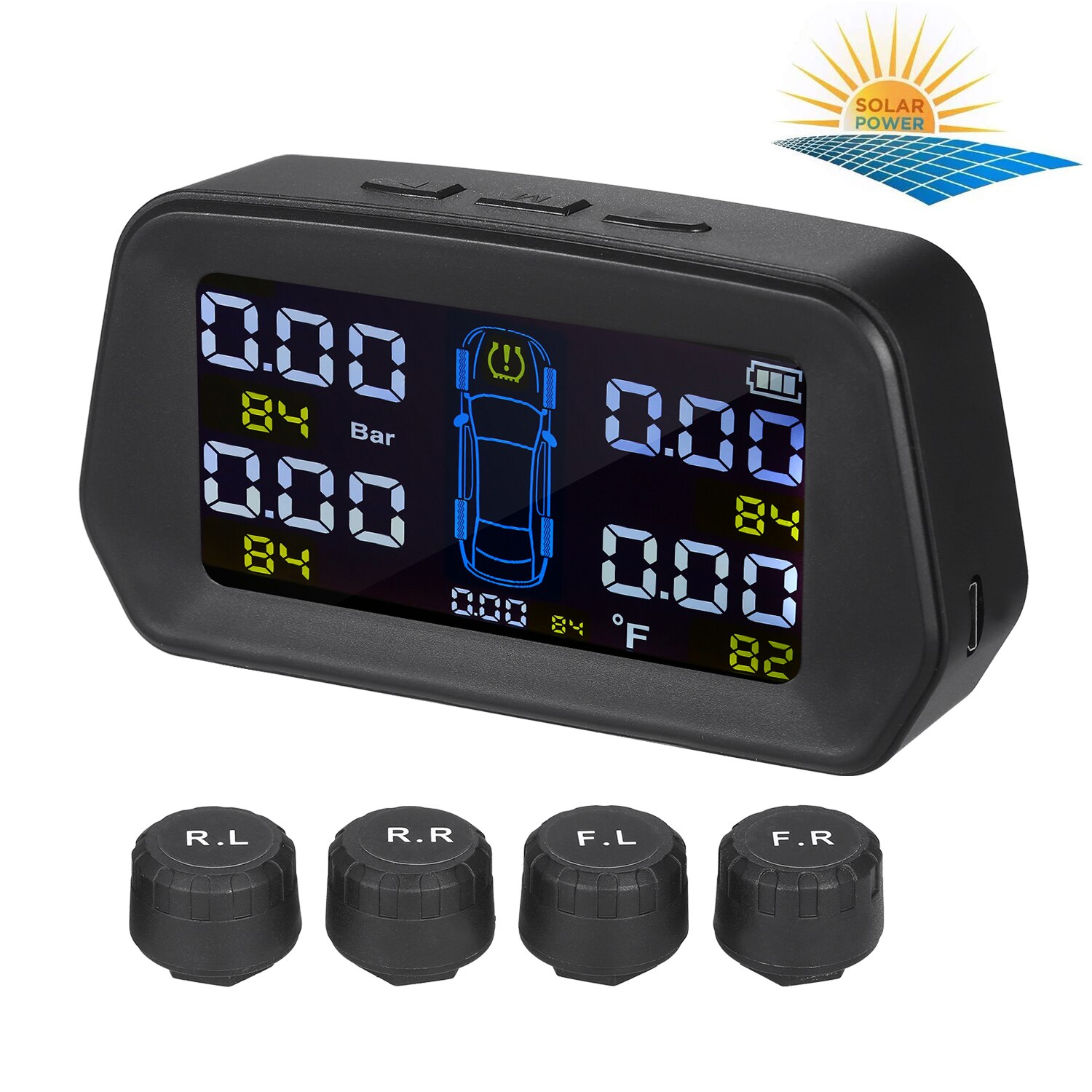 Tire Pressure Monitoring System Solar Powered with 4 External Sensors 6 Alarm Function Real Time Display Pressure Temperature