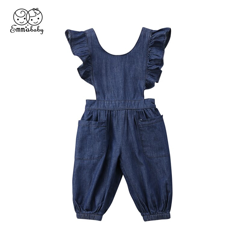 Emmababy 1-6Y Kinderen Baby Jongen Meisje Denim Ruches Romper meisjes mouwloze Zomer solid Rompertjes Jumpsuit Outfits kleding