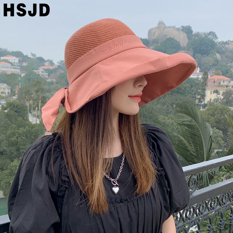 Chapeau de soleil en maille souple pour femmes, seau pliable, à Large bord, nœud papillon, Anti-UV, pour la plage, nouveauté, été,