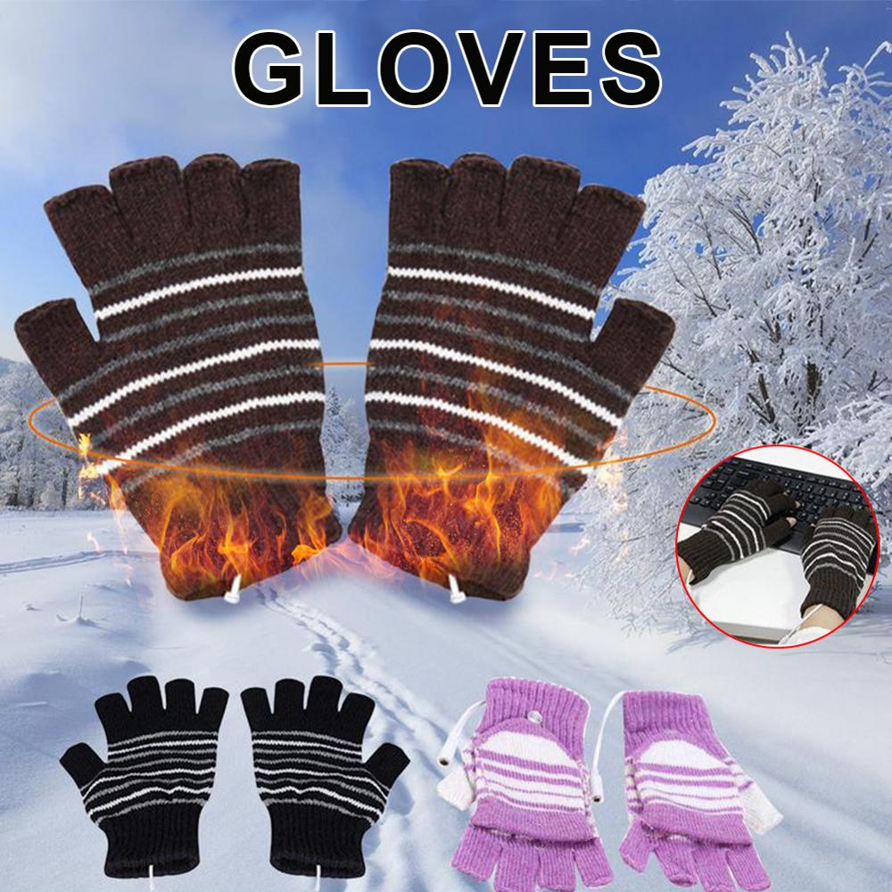 Vinter stickade handskar usb uppvärmda halvfinger handskar tvättbara fingerfria