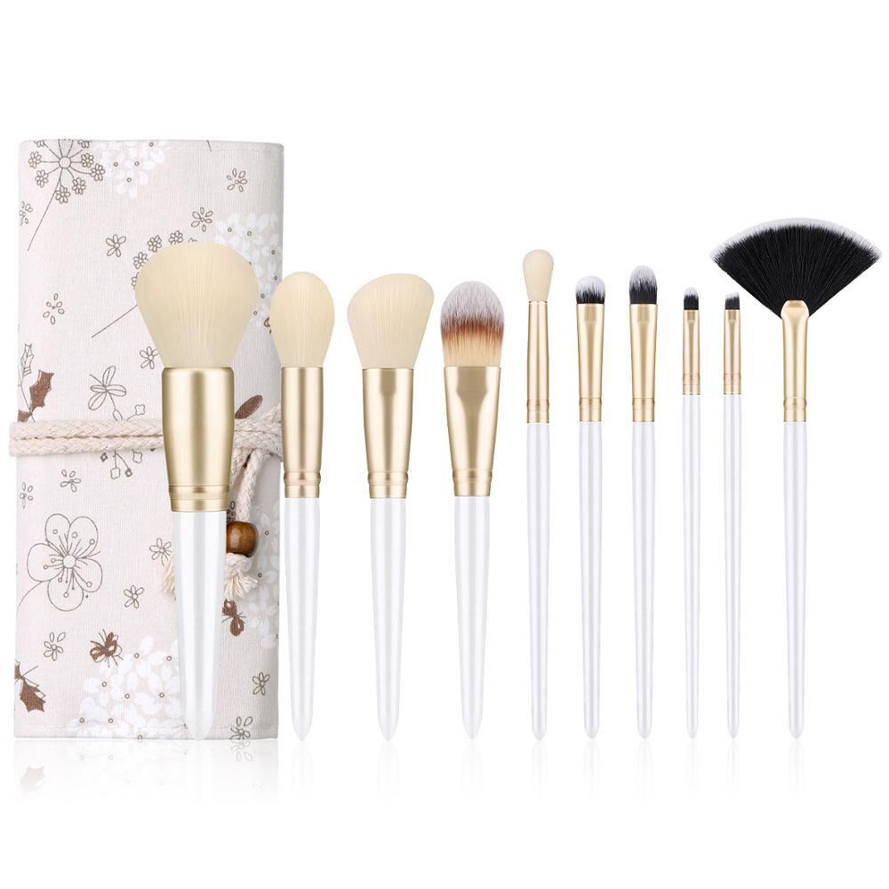 Unique 10Pcs Makeup Brushes Set With Bag White Wooden Handle Soft Bionic Wool Hair Powder Foundation Eyeshadow Brushes Set: A