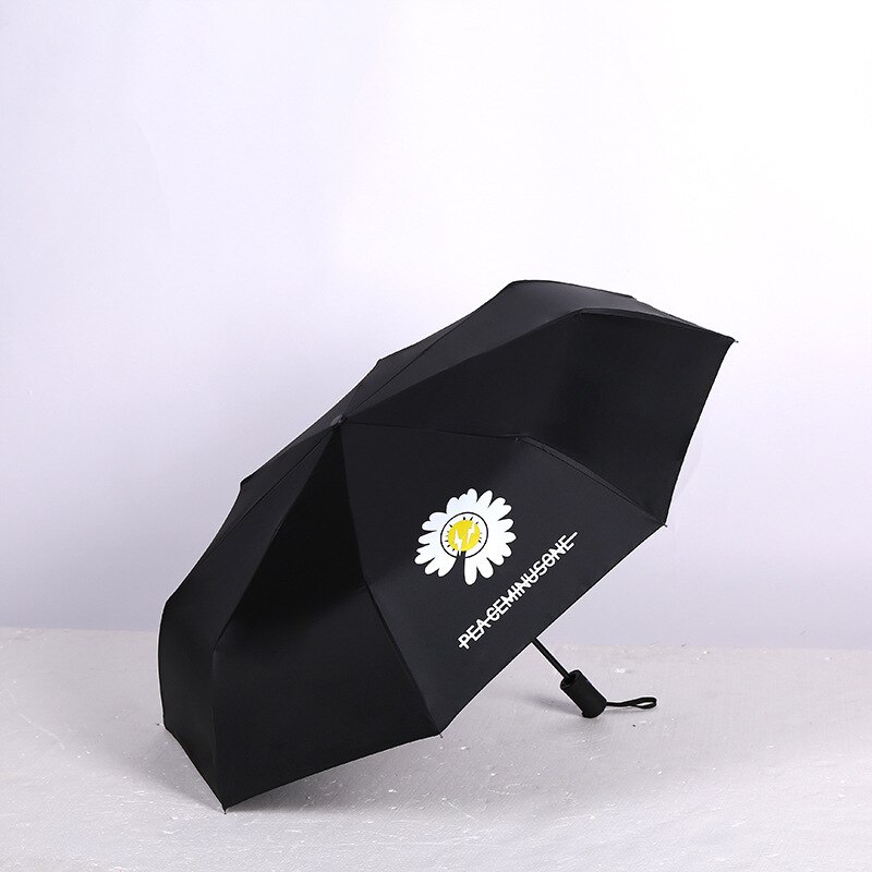 Piccola Margherita Ombrello Completamente Automatico Tri-piega Pieghevole in Vinile Ombrellone suola La Pioggia A Duplice uso Ombrello Semplice Temperamento Della signora ombrello: Tri-fold auto nero