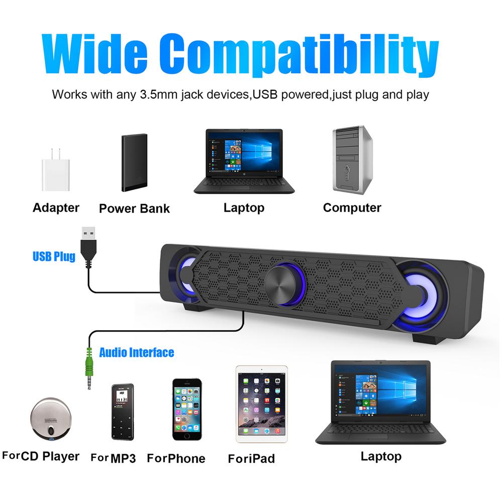 Home Soundbar Computer Speaker With LED Light Desktop Subwoofer Speaker Stereo Surround TV Speakers Aux 3.5mm For Laptop