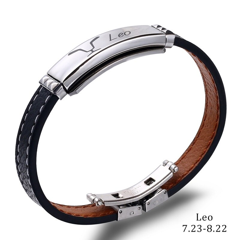 Pulsera de acero inoxidable con 12 Constelaciones para hombre, joyería de , Charm, cuero negro, signos del zodiaco informales, Punk,: Leo