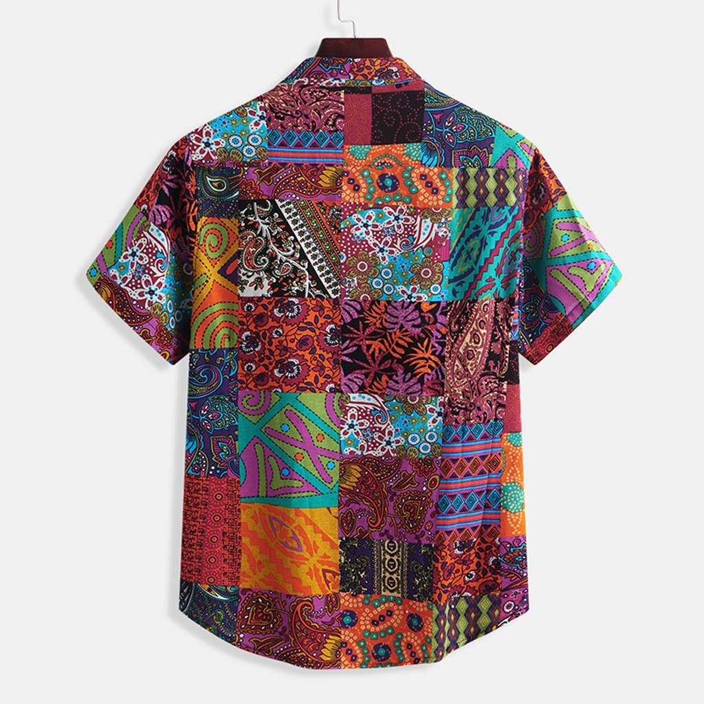 Plus Size Shirts Men Cotton Linen Printed Short Sleeve Casual Turn-down Collar Shirts Tie Summer Tops Clothing