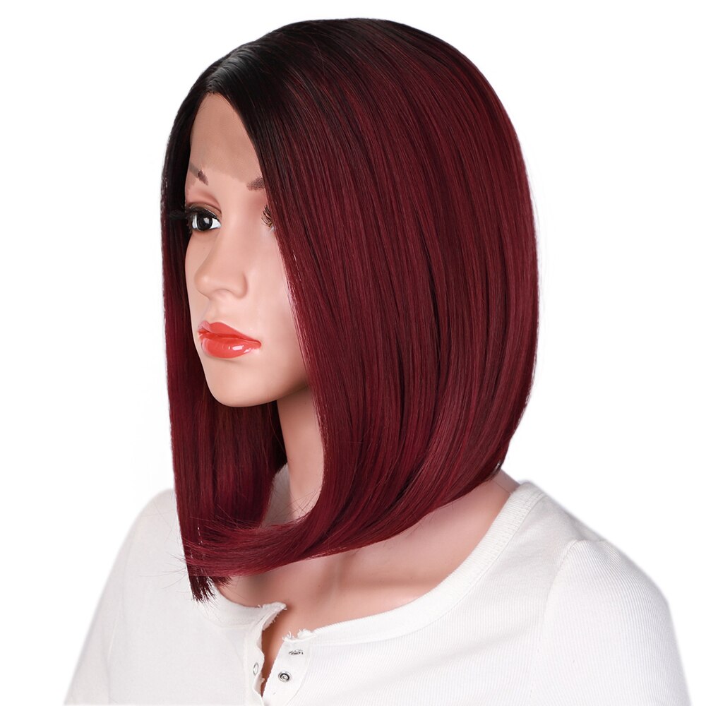 Aisi Haar 12 Inch Zijscheiding Ombre Zwart Rood Pruik Synthetische Lace Front Pruik Hittebestendige Vezel Haar Cosplay Bob pruik