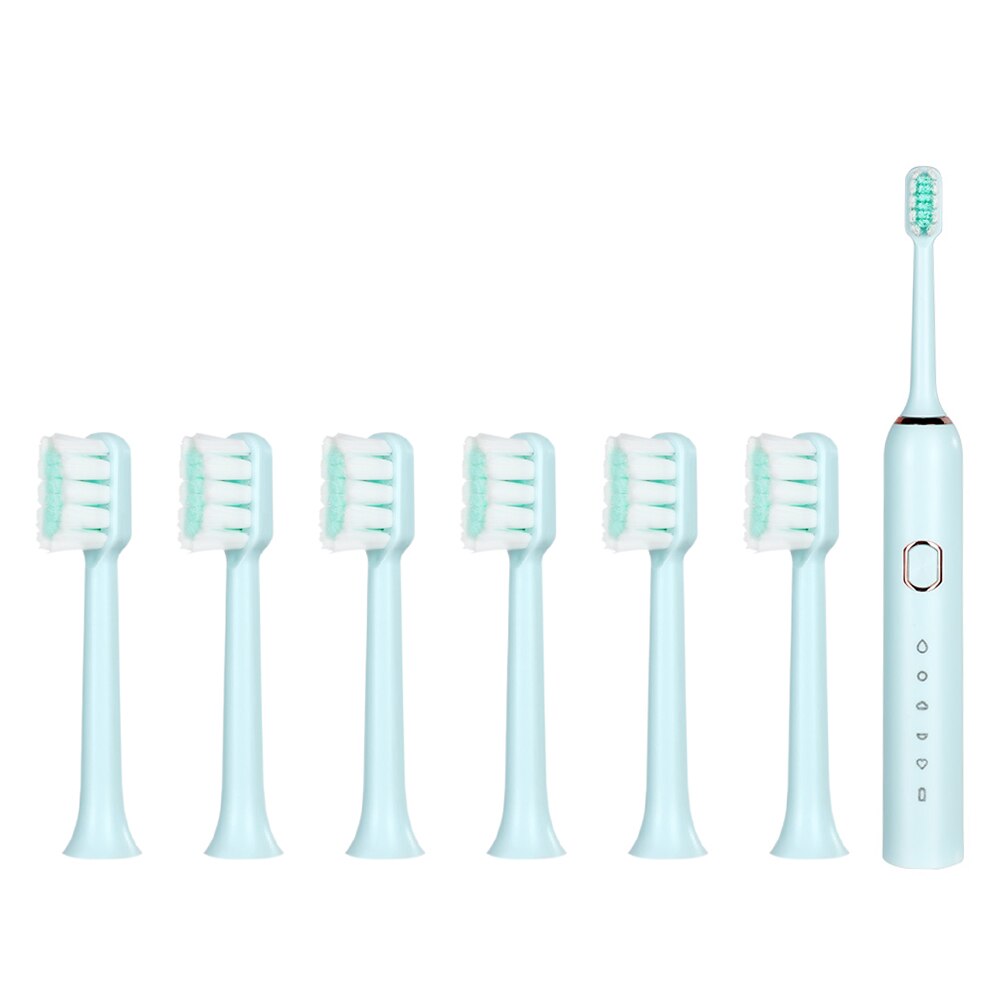 Intelligent Automatic Electric Toothbrush Adult 5 Modes Tooth Brush USB Charging Waterproof Tooth Whitening tooth Heads Set: 1set blue and 6TB