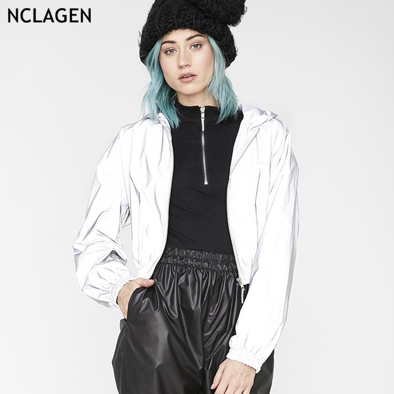 NCLAGEN Herfst Mode Reflecterende Bomber Jassen Vrouwen Zip Up Hooded Sportkleding Windscherm Cropped Tops Meisjes Casual Jassen