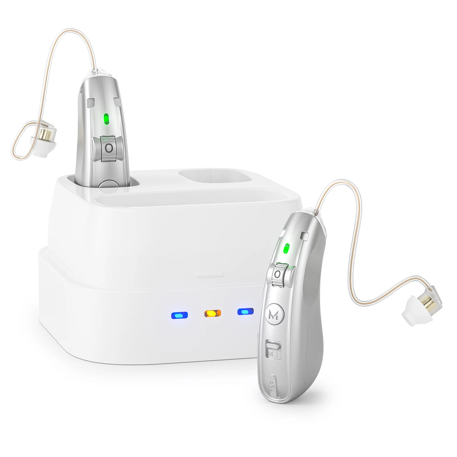 Wiederaufladbares digitales USB-Hörgerät hinter dem Ohr, Klangverstärker, Geräuschunterdrückung für ältere Menschen, Ladekoffer für Gehörlose: Silber