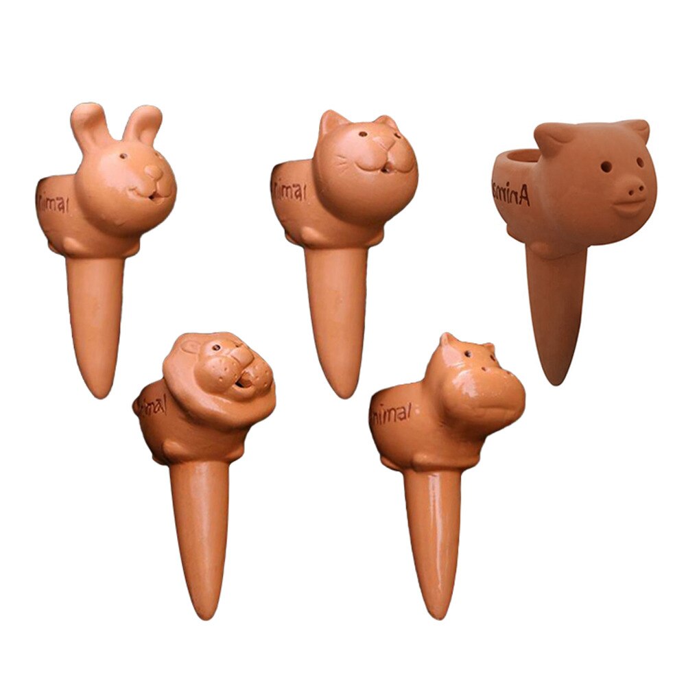 Pincho de riego automático de terracota para plantas de interior y exterior, herramienta gotero de arcilla de cerámica con dibujos animados de animales, paquete de 2 unidades