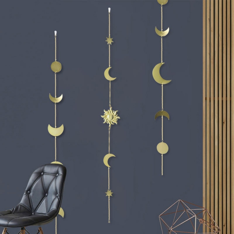 Pièce ronde en métal à suspendre en forme de soleil et de lune, décoration murale avec chaînes pour salon, affichage de photos