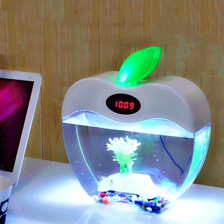 Meget gennemsigtig mini sød æble fisketank bærbar smart usb glas akvarium kontorbord lille akvaryum