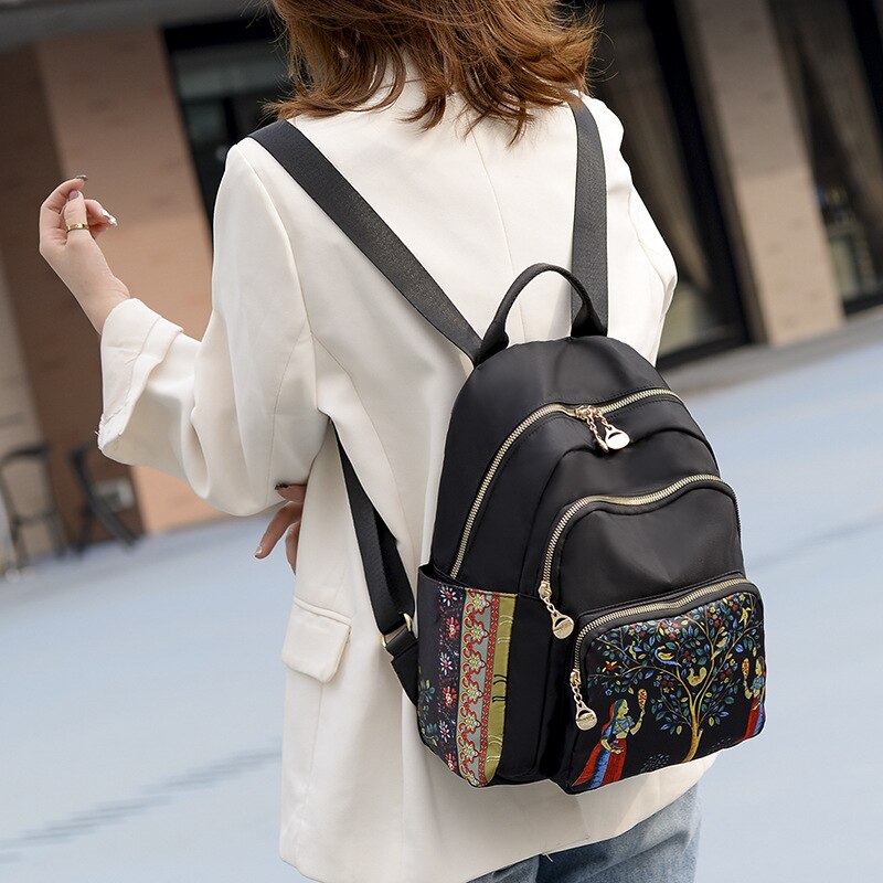 Backpack Female Multi-layer Leisure Oxford Backpack National Elephant Print Large Capacity Backpack for School Girls