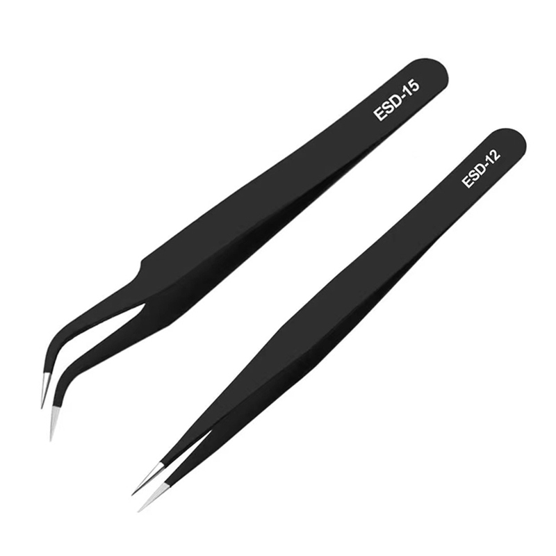 Pinzas negras rectas y curvadas de acero inoxidable para decoración de uñas, 2 piezas, para pegatinas 3D, pinzas para diamantes de imitación, herramienta de manicura, cuentas de lentejuelas: Gris claro
