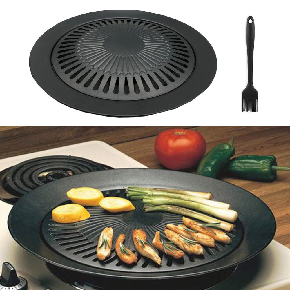 Ronde Rookloze Barbecue Bakken Pan Barbecue Grill Met Borstel Non-stick Barbecue Pan Roosteren Lade Keuken Bbq Koken Gereedschap