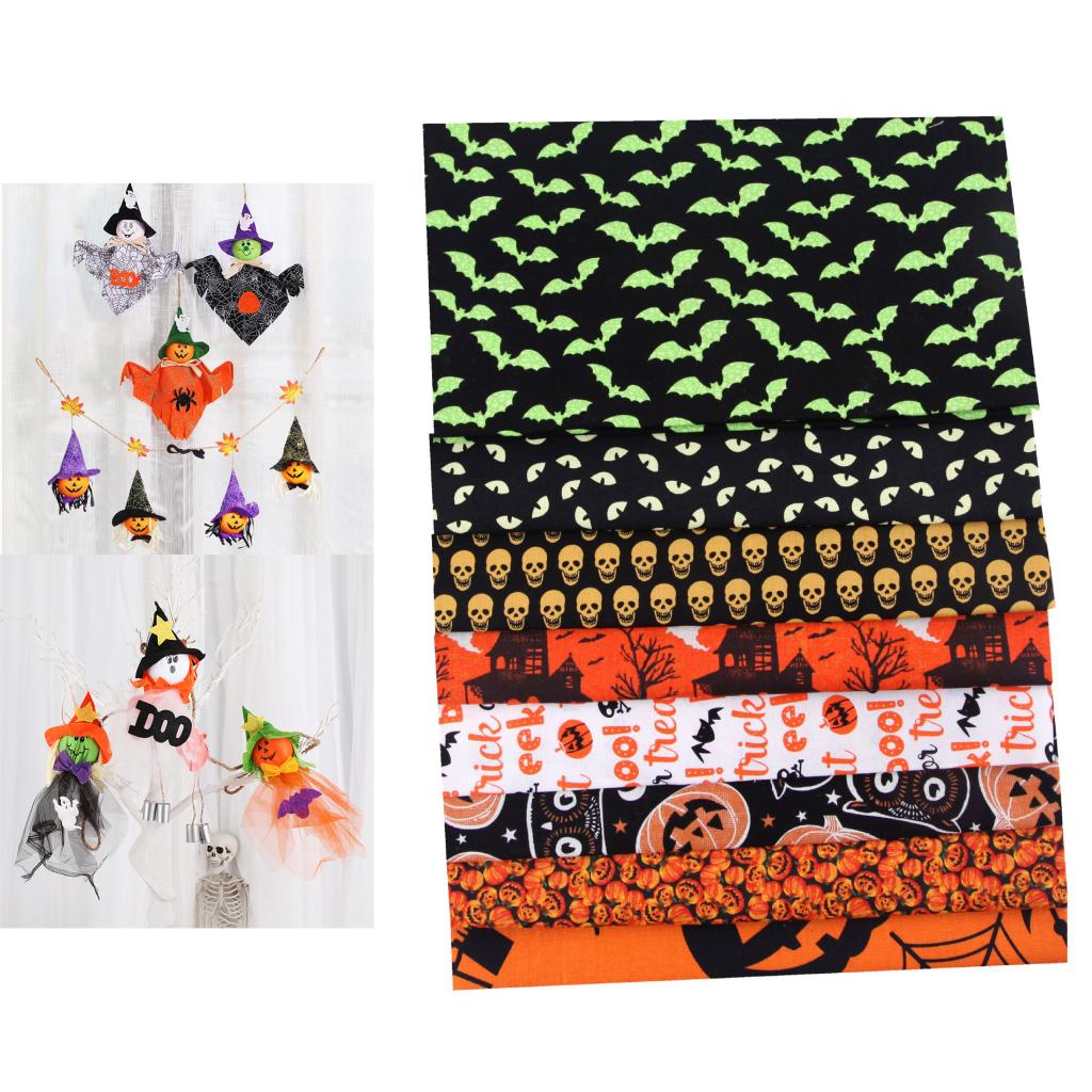 8Pcs 100% Cotton Fabric Cat Owl Pumpkin Skulls Halloween Decors for DIY Sewing Cotton Cloth Material 25x25cm